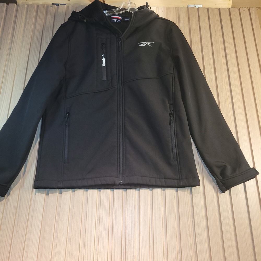Reebok Softshell Jacket Mens Medium Black Excellent Fleece Lined Hooded Zip